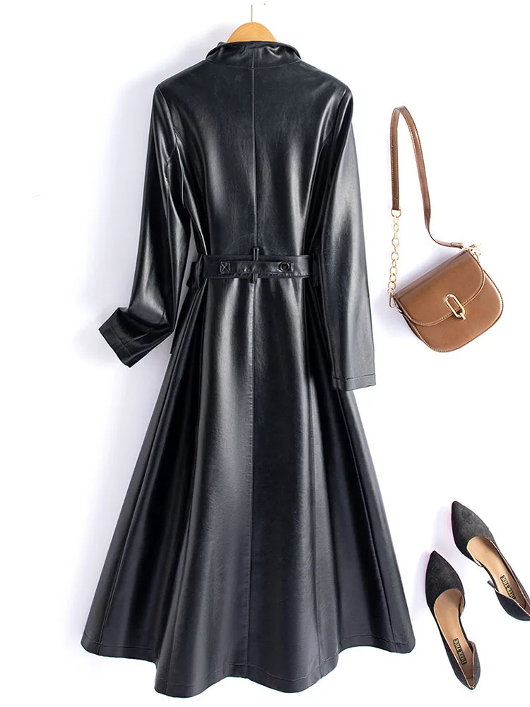 Plus Size M-5XL PU Leather Long Trench Coat For Women Autumn Winter Turn Down Collar Sheepskin Jacket With Belt  가죽자켓