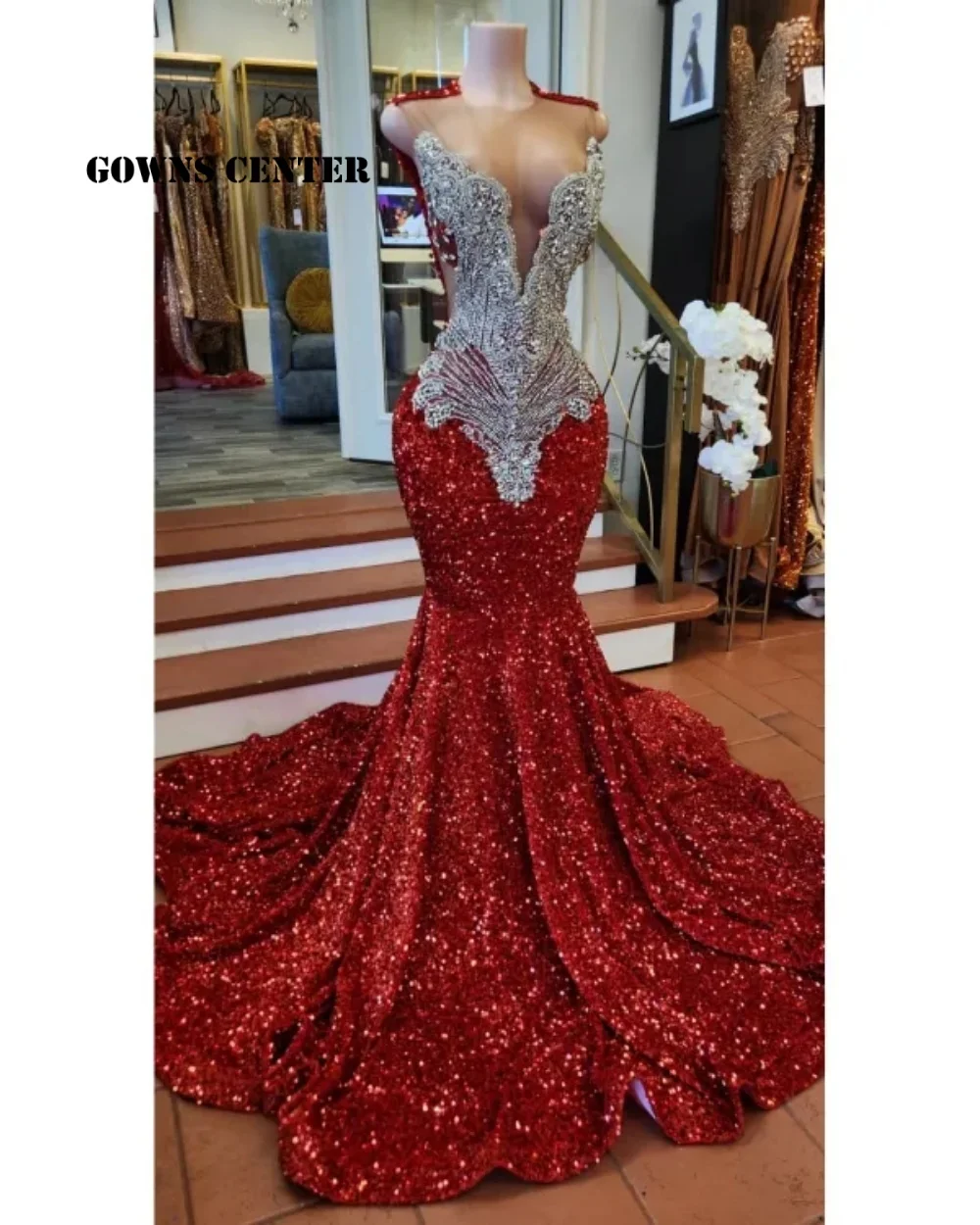 

Ren Sequin Crystal Beading Long Prom Dresses For Black Girls Mermaid Birthday Evening Party Gown Robe De Bal Customized