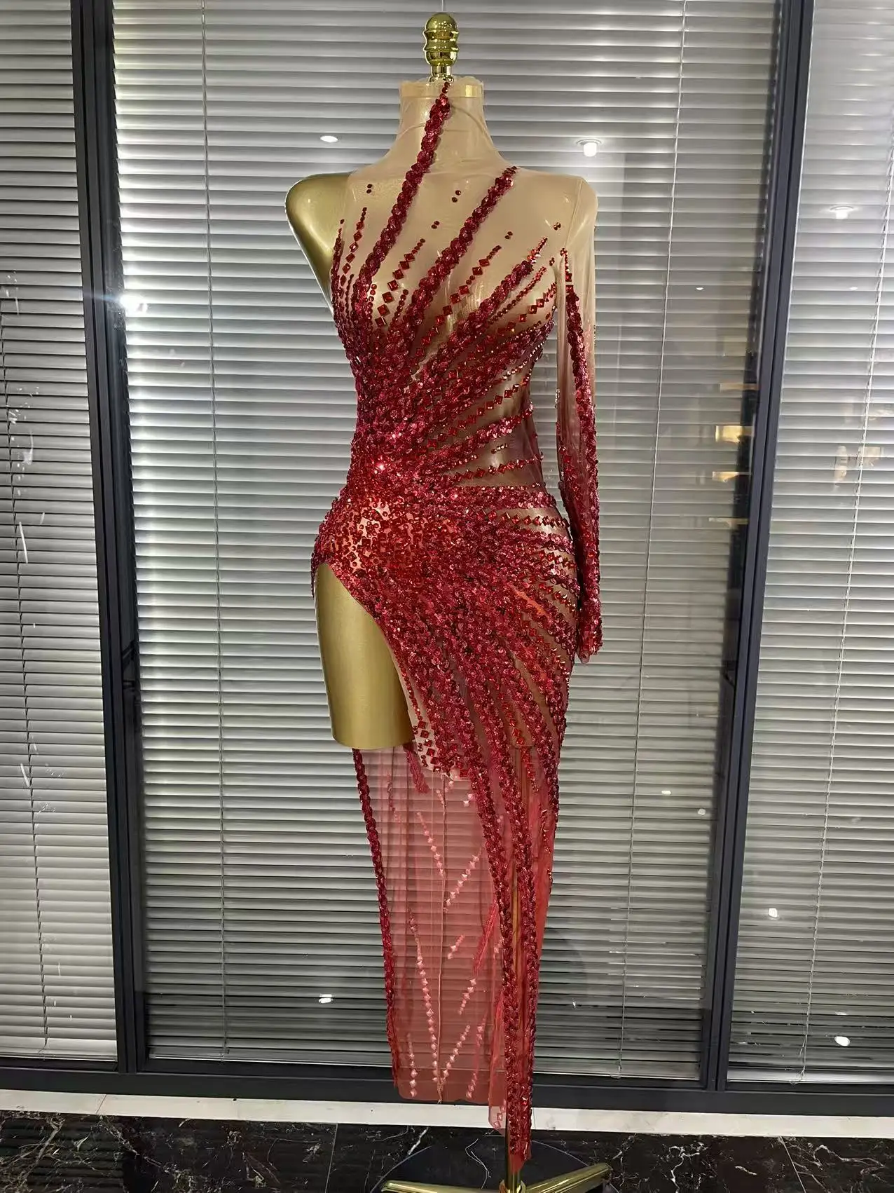 STOCK Women Red Sparkly Rhinestones One Sleeve Mesh See Through Bodycon Long Dress Birthday Photoshoot Celebrate Wedding Wear
