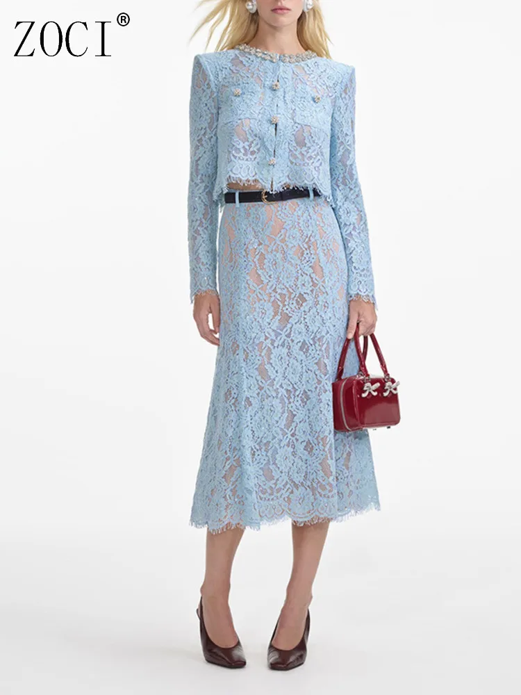 

ZOCI Solid Hollow Out Women's Two Piece Set For Women O Neck Long Sleeve Top High Waist Temperament Skirt Chic Sets Female New