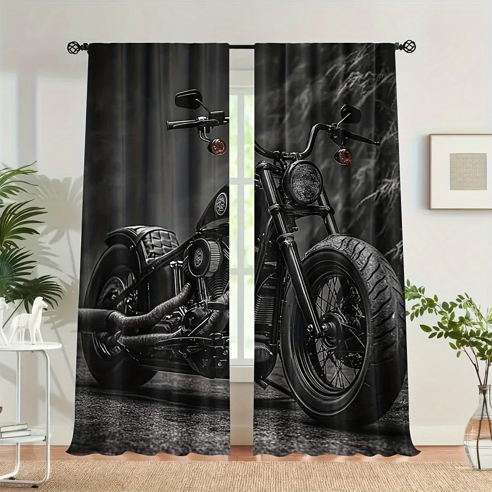 Vintage Motorcycle Curtain, Black White Chopper Window Drape, Retro Biker Blackout Panel, Living Room Man Cave Decor