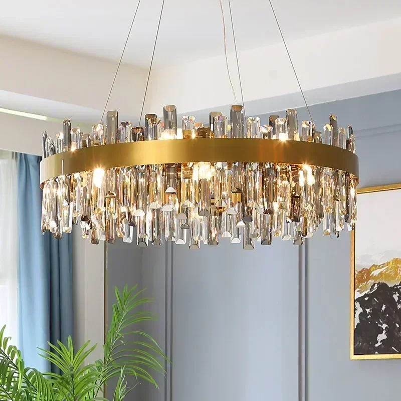 Nordic modern smoke grey crystal chandelier French luxury LED pendant light dining table living room home decoration lighting