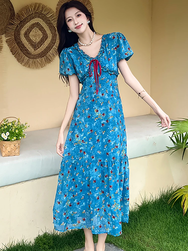 ฤดูร้อนดอกไม้สีฟ้า Bow Ruffled V คอชุดยาวผู้หญิง Boho พัฟแขนเสื้อชุดลําลอง 2025 เกาหลี Elegant Bodycon Holiday Dresses