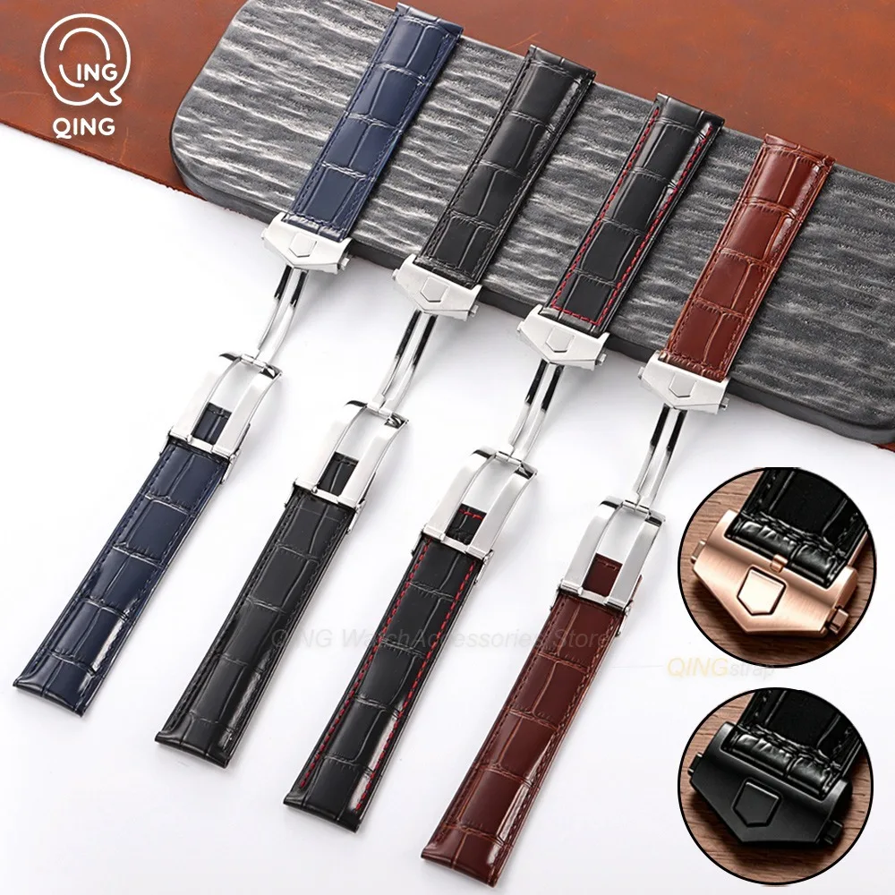 20/22/24mm Watchband for TAG Heuer Folding Buckle Bamboo Patterned Bracelet Cowhide Leather Business Strap Wristband Accessories