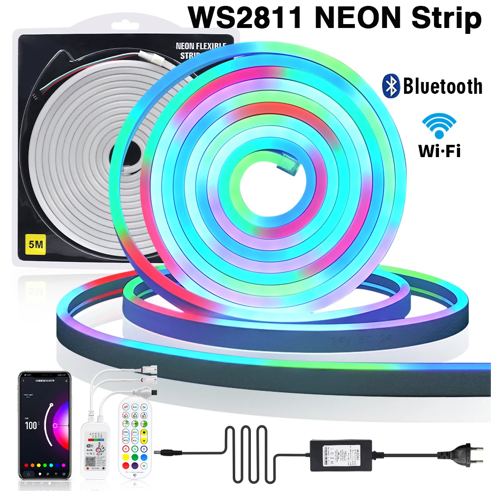 

Dream Color Neon Light Waterproof WiFi Bluetooth APP Control 12V 24V 8X16MM WS2811 RGB Flexible Ribbon Rope LED Strip