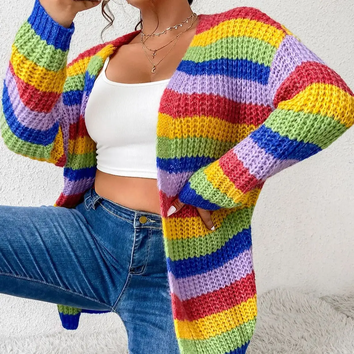 Plus  size Women\'s Plus Rainbow Striped Pattern Drop Shoulder Duster Cardigan