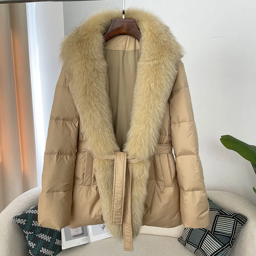 Winter New White Goose Down Coat Down Jacket Women Parkas Slim Coat Belt Outwear Female Warm Luxury Natural Fox Fur Collar