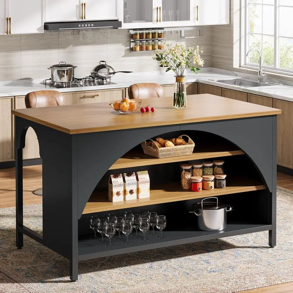

55 Wide Kitchen Island with 3 Shelves, Large Countertop, and Seating for Coffee Bar (Black)