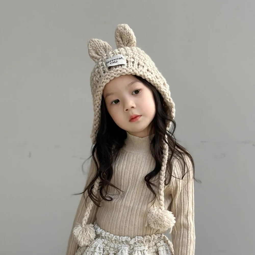 

Korean Solid Color Baby Crochet Hat Soft Warm Autumn Winter Hand Knitted Cap Rabbit Ear Outdoor Ear Protection Cap