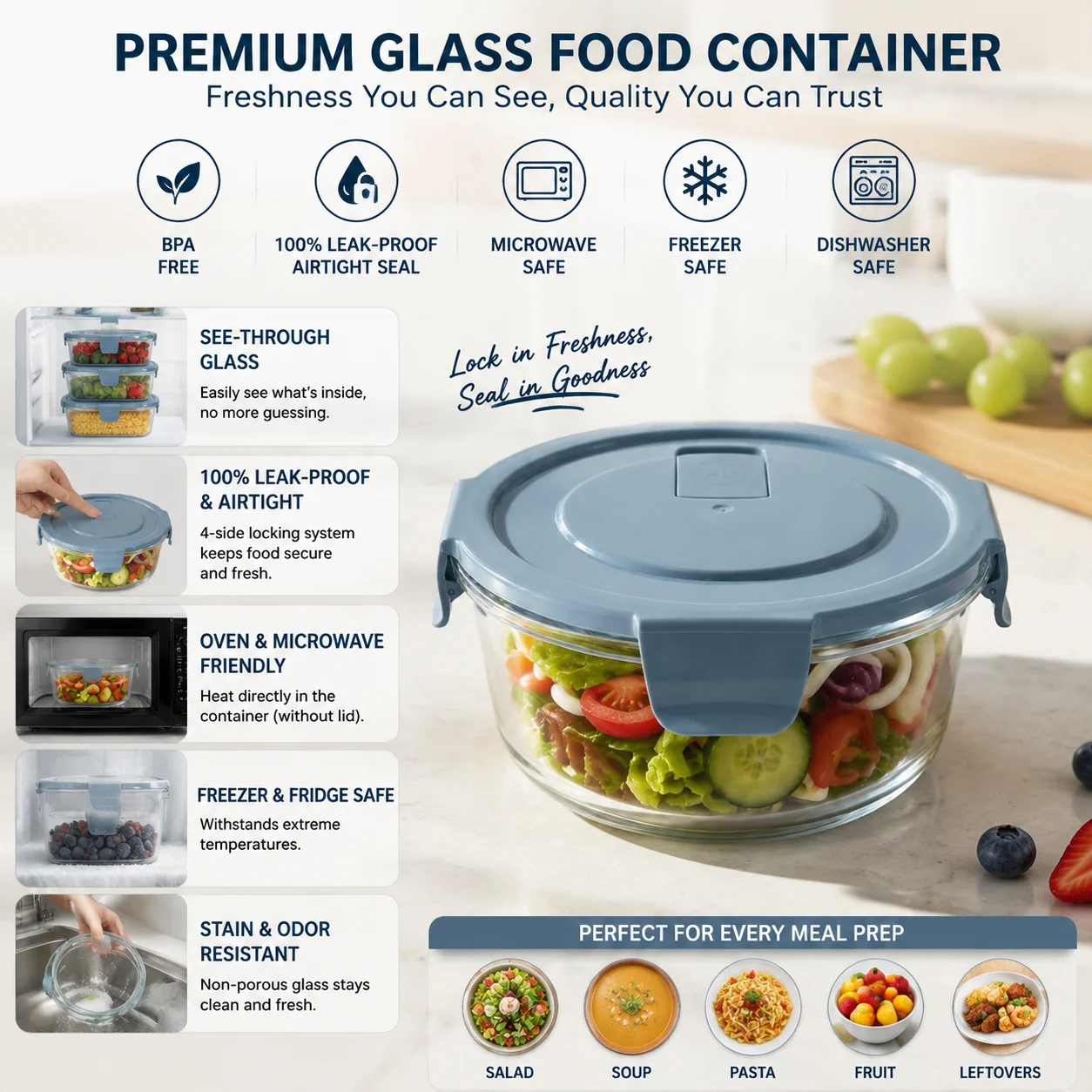 Meal Prep Glass Containers Oven Safe - High Borosilicate Glass Food Storage Container