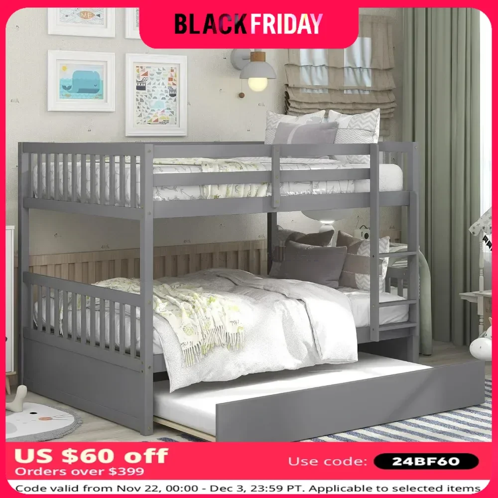 Bunk Bed,Convertible To 2 Full Size Platform Beds, with Twin Size Trundle Beds Frame and Safety Guard Rail, Solid Wood Bunk Beds