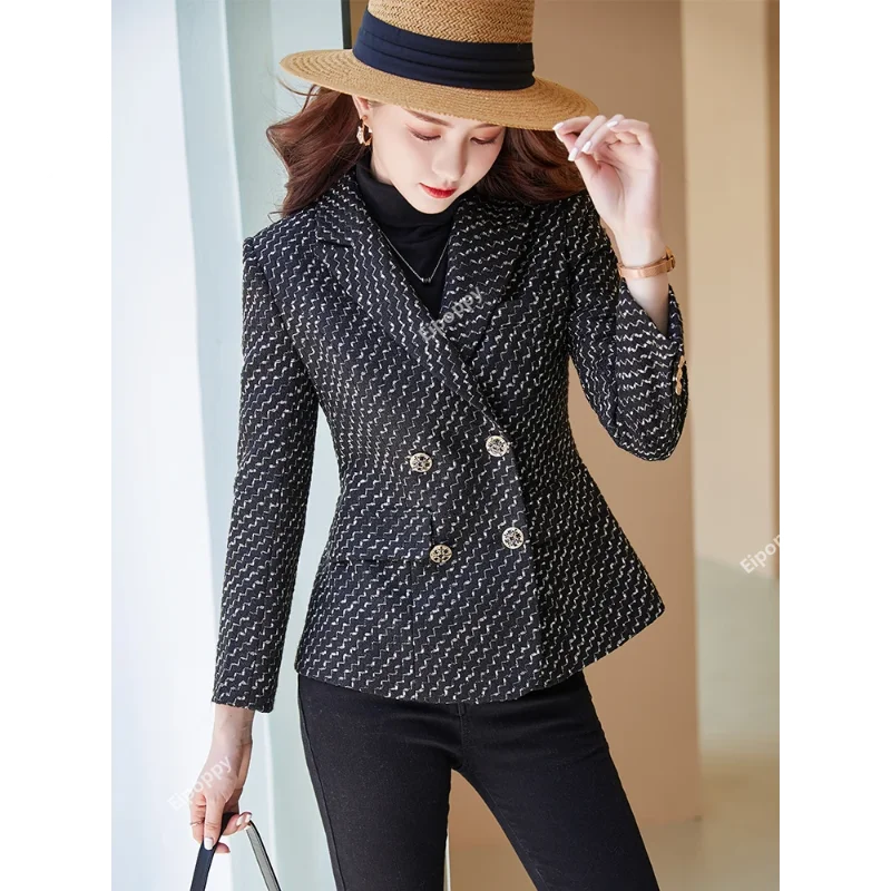 2024 New Women Slim Blazer Fashion Female Black Blue Ladies Elegant Long Sleeve Double Breasted Jacket Stripe Casual Coat