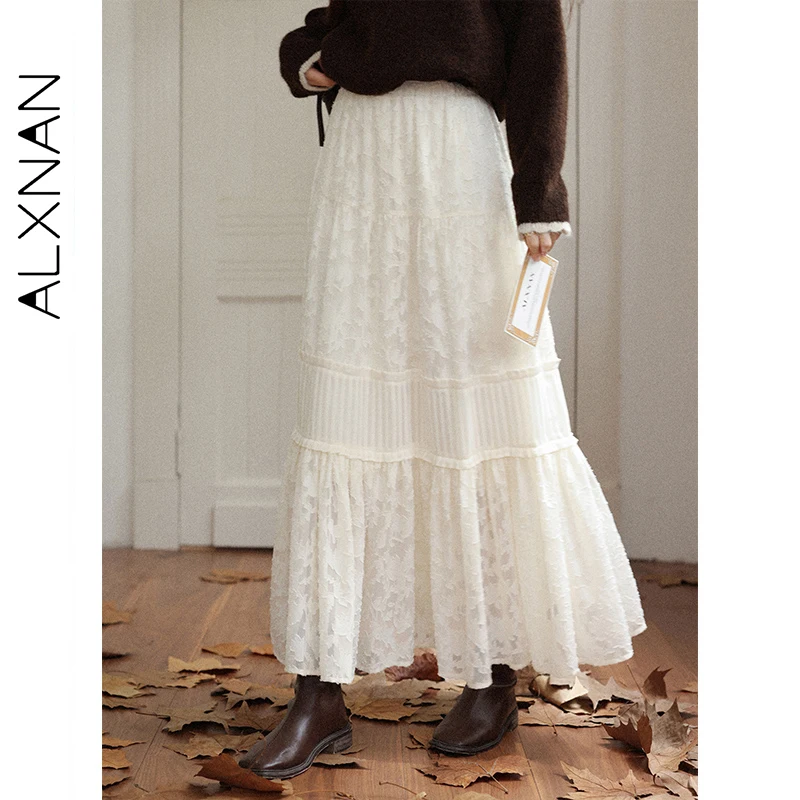 

ALXNAN Women's Long Skirt Apricot Stitching High Waist A-line Elegant Skirt 2025 Fall Elastic Waist Midi Skirts Ladies L58803