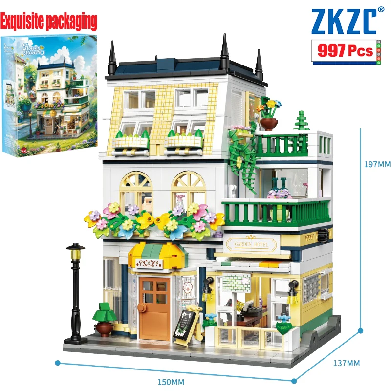 ZKZC City Streetscape Garden Hotel Series Building Block MOC บ้านดอกไม้โรแมนติกเด็กปริศนา DIY ของเล่นของขวัญวันเกิด