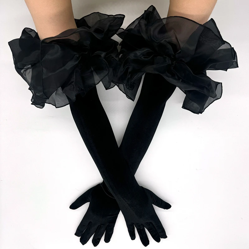 

Ladies Velvet Long Gloves Black Ruffles Elastic Wedding Bridal Opera Stage Evening Dress Party Gloves
