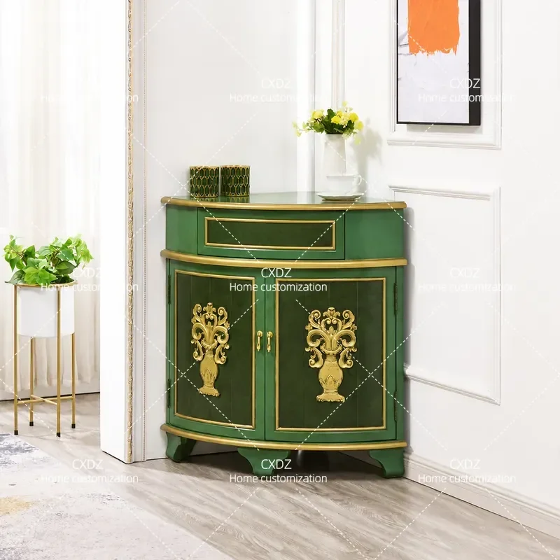 Triangle Wine Cabinet Living Room Corner Storage Locker Fan Door Display Cabinet Against Wall Emerald Green Home Furniture