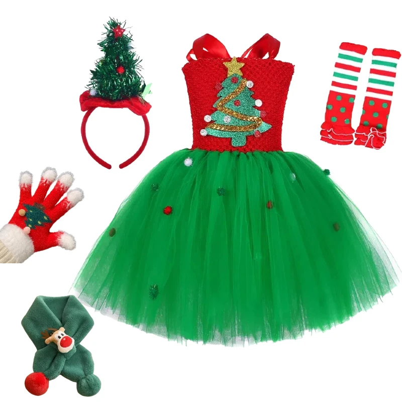 

Sparkle Christmas Tree Dress Princess Dresses Cute Children Stage Performance Clothes with Accessories Suit for Girls Xmas Party