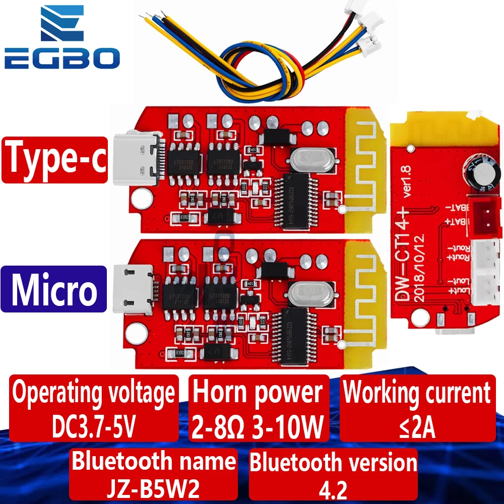 1PCS~5PCS CT14 Type-C Micro Stereo Bluetooth 4.2 Power Amplifier Board Module 3.7v 5V 5W+5W Mini with Charging Port EGBO