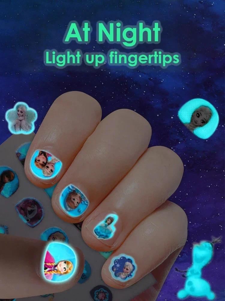 ملصقات أظافر ديزني للفتيات والأطفال للتوهج الليلي على الجليد والثلج الرومانسية الأميرة إلسا ملصقات أظافر ألعاب ملصقات كرتونية
