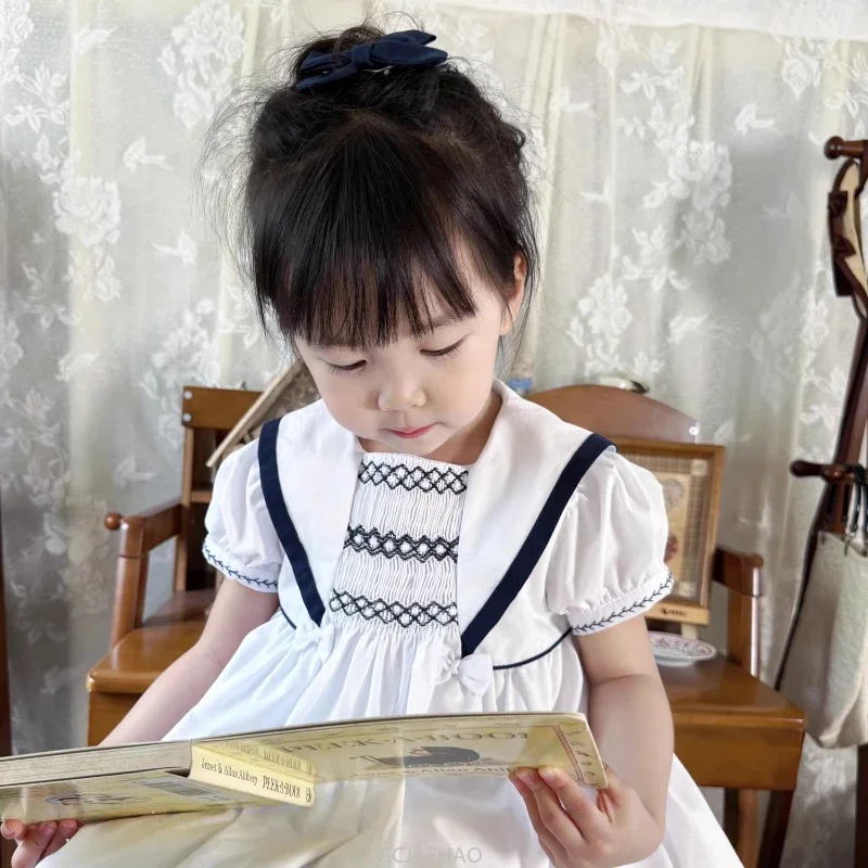 

Teen Girl Clothes 2025 White Vintage Navy Style Girls Short Sleeve Dress Kids Simple Casual Outfit Hand Smocked Children Costume
