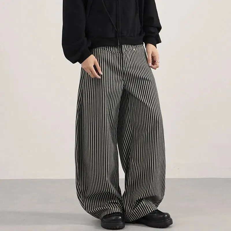 IEFB الخريف سراويل تقليدية رجالية شريط عمودي واسعة الساق جيب التباين اللون الرجالي فضفاض خمر سكين منحني أسفل 9W4187