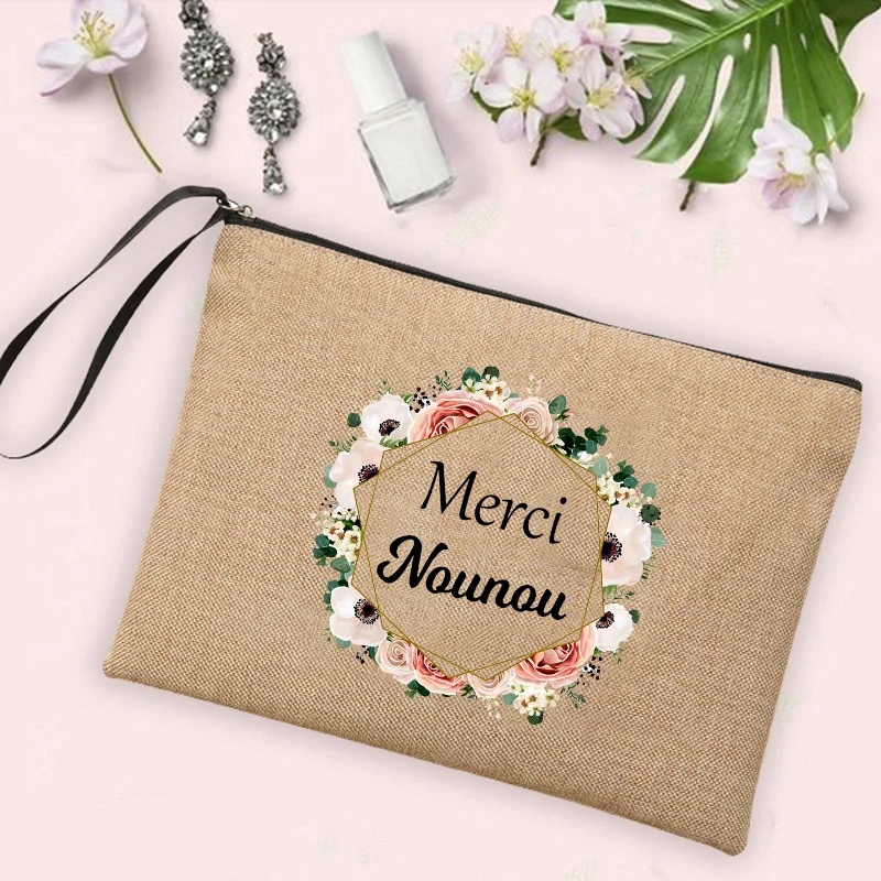 Merci Ma Nounou Adorée Print Cosmetic Bag Women Neceser Makeup Bags Linen Zipper Pouch Travel Toiletries Organizer Nounou Gifts