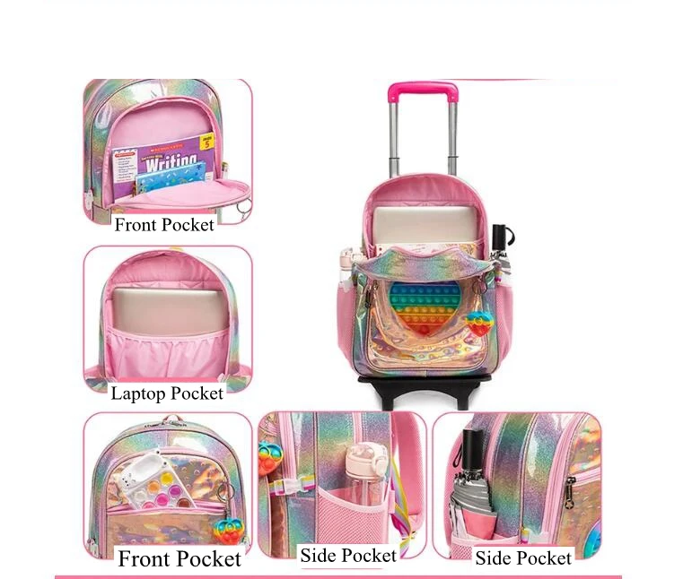 3 in 1 Rolling Backpack for Girls Trolley School Bags School Wheeled Backpack Carry-on Travel Luggage with Lunch bag Pen bag