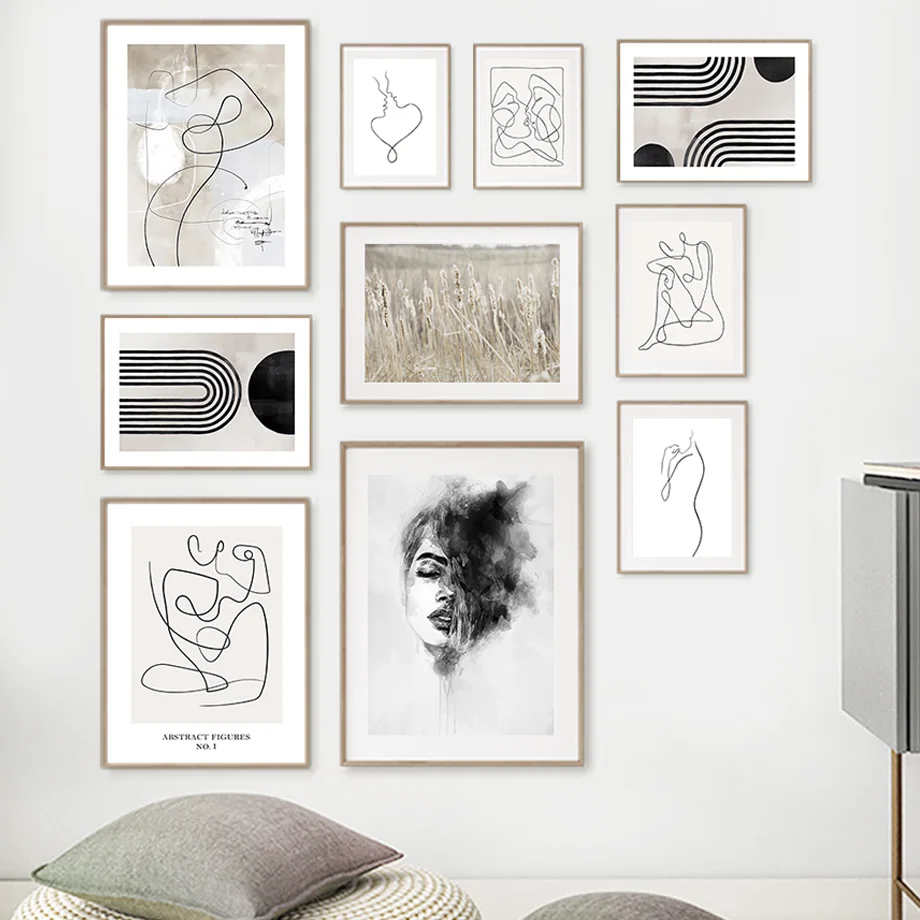 Minimalist Line Art Wall Art Prints Black White Abstract Figure Geometric Wheat Field Poster Neutral Boho Home Decor for Bedroom