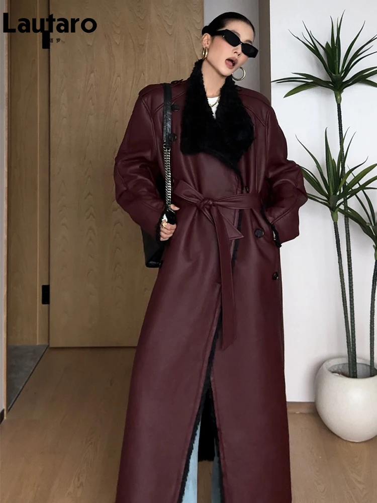 Lautaro Spring Winter Extra Long Thickened Warm Faux Sheepskin Coat Women Sashes Double Breasted Luxury Chic Pu Leather Overcoat