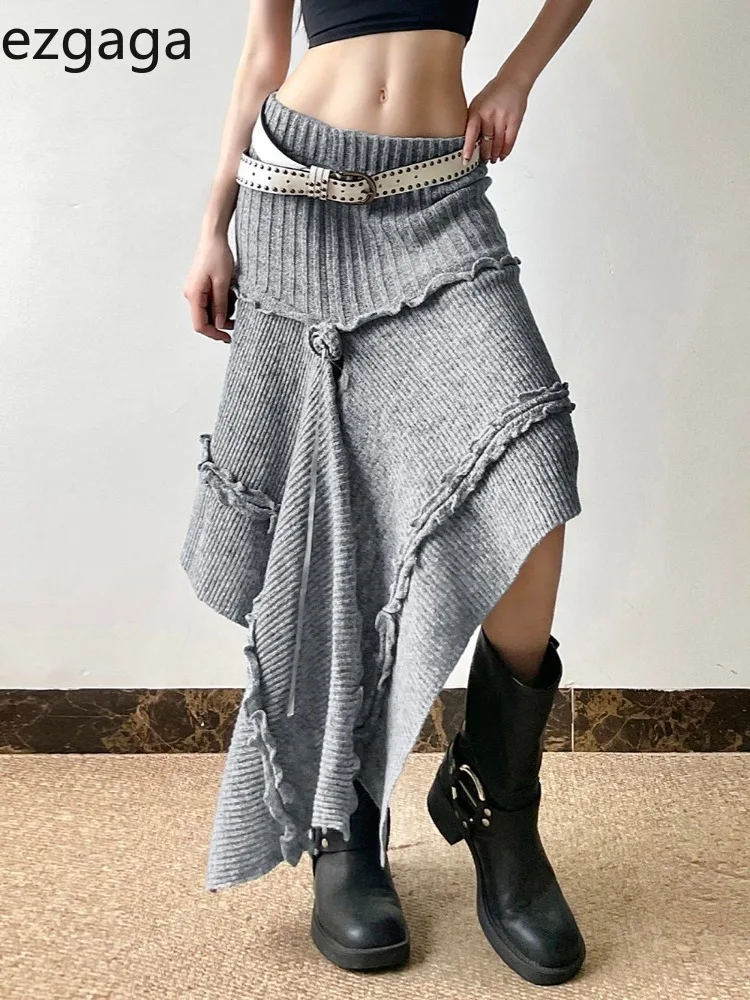 

Ezgaga Knitted Skirts Women Vintage Flowers Irregular Sexy Fashion Stretch Autumn Winter Fashion Ruffles Patchwork Grunge Skirt