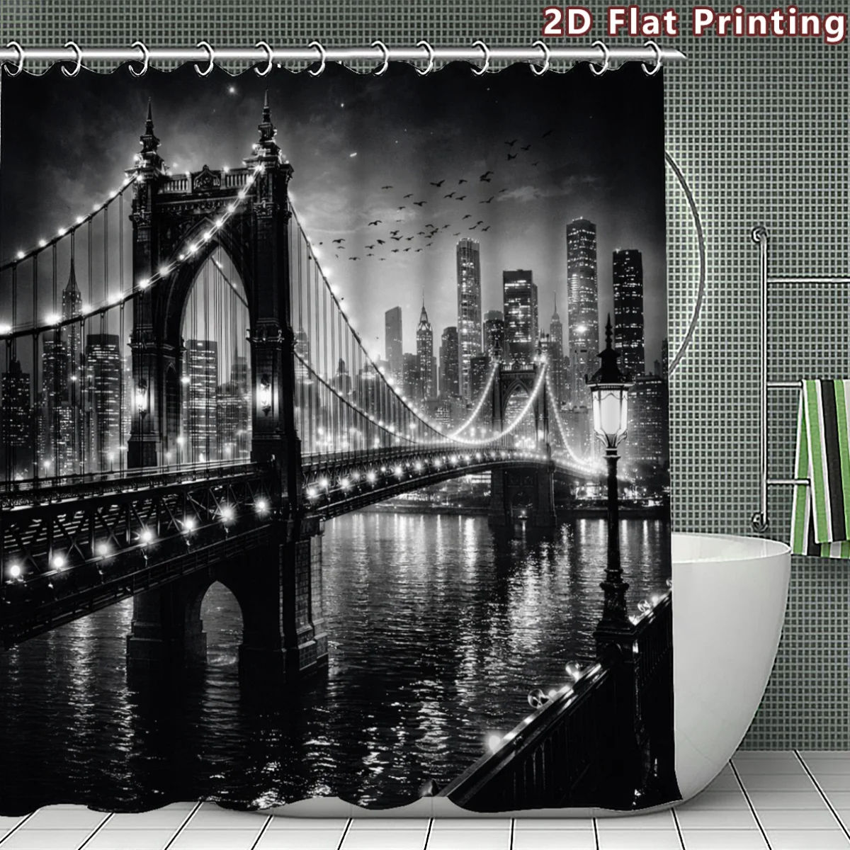 2D Flat, 1pc 2D Flat Cityscape Bridge at Night Shower Curtain, Bathroom Decor, Multi-Size Options (80X180Cm, 120X180Cm, 150X180C