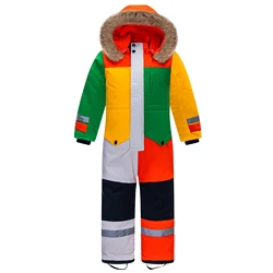 Children's Ski Suits,One-Piece Snowboarding Wear,Fur Collar Hood Thick Snowsuits,Windproof Warm Winter Girls Boys Skiing Clothes