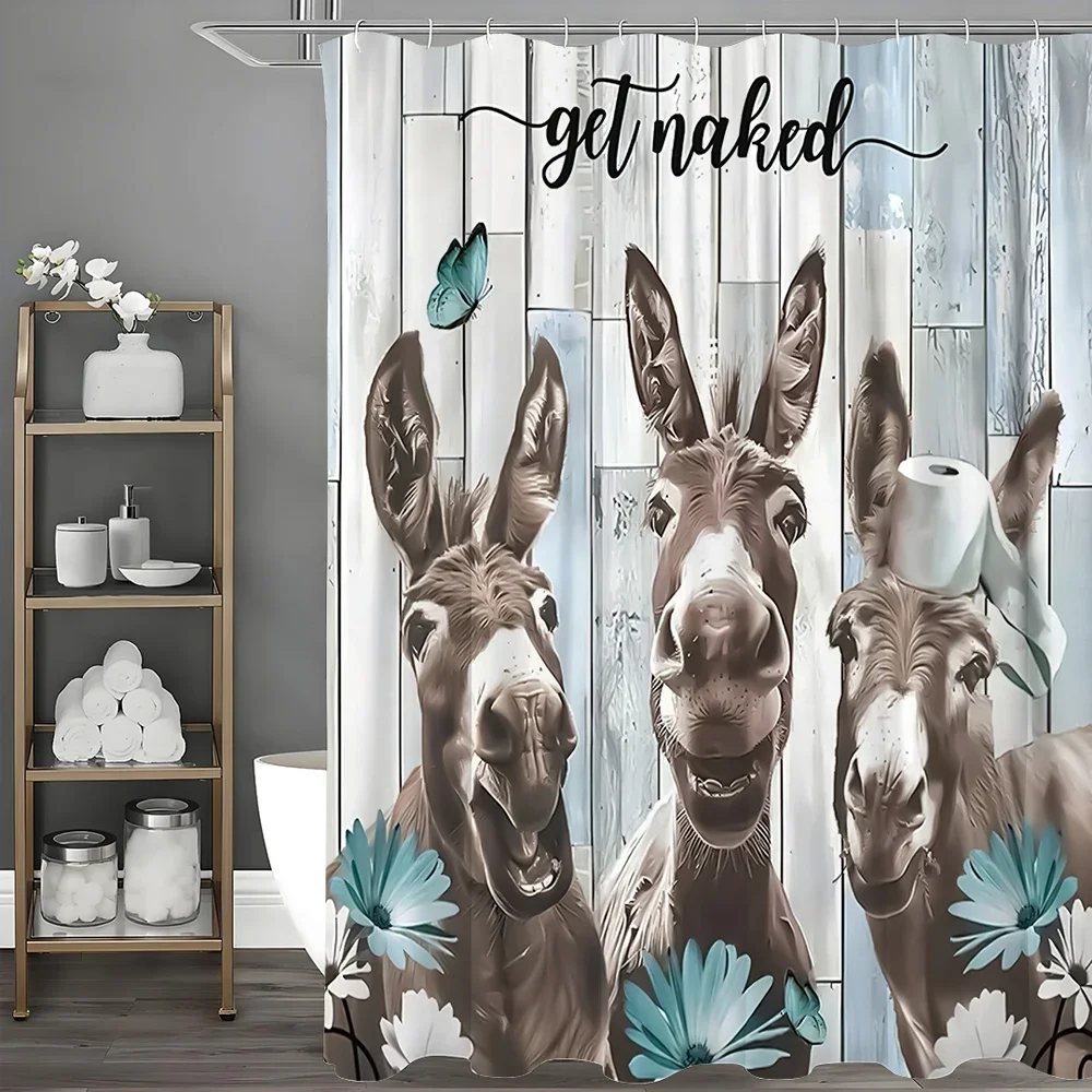 

Занавеска для душа с забавным осликом и цветочным рисунком, декоративная занавеска для душа в ванной комнате, водонепроницаемая занавеска для душа с крючками