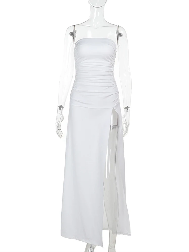 TARUXY Pleated Strapless Slit Dress For Women Summer New Solid Splice Long Dress Ins Hot Summer Beach Vacation Dress New 2025