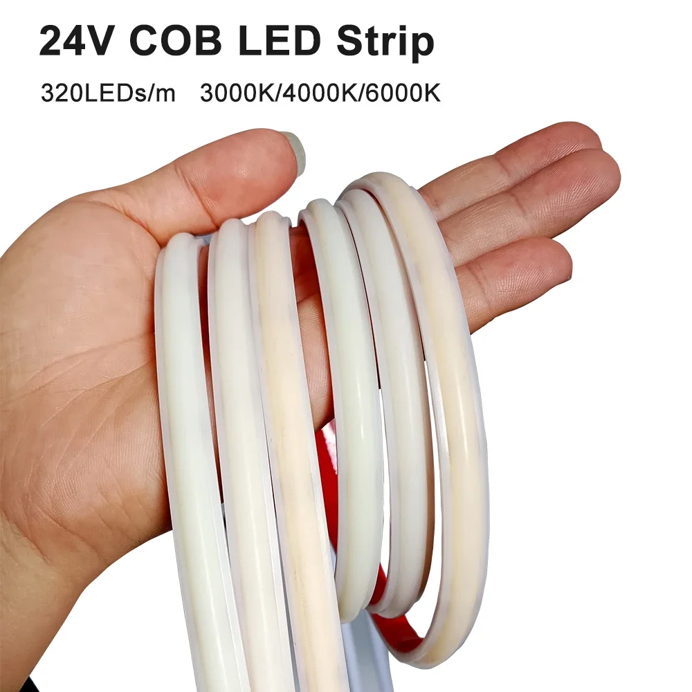 3000K 4000K 6000K Length 0.5m-10m IP67 Waterproof DC24V High Density COB LED Strip 320LEDs 3D Curved Flexible Neon Light