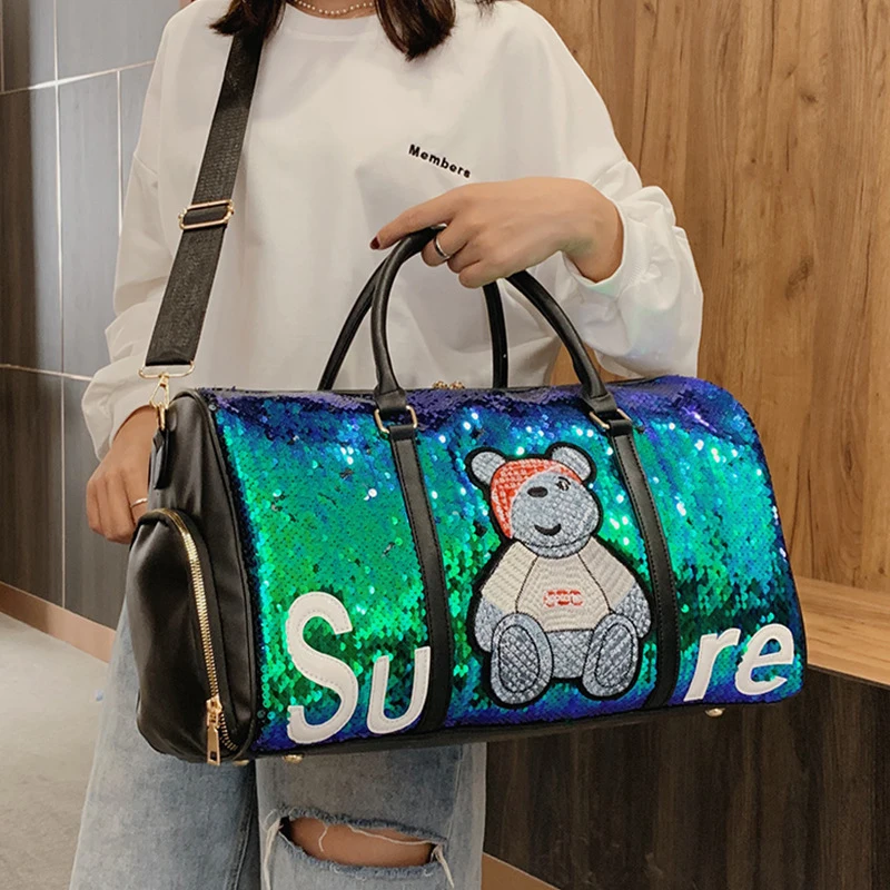 

Waterproof PU Sequin Travel Bag Women's Large Capacity Luggage Storage Bag Short Distance Business Trip Folding Travel Bag