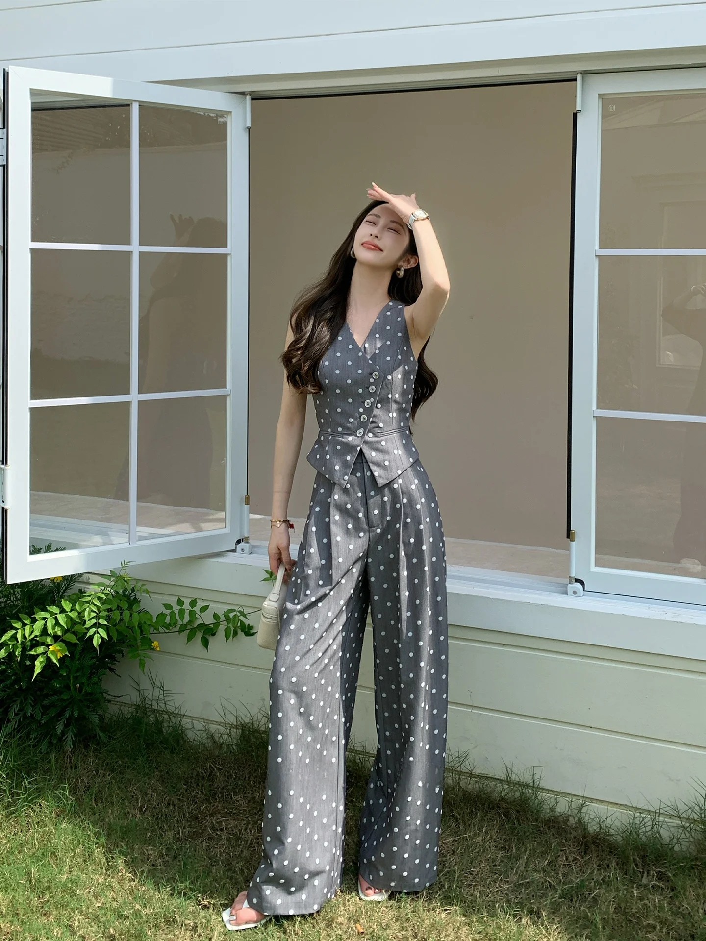 

Драпированные широкие брюки с высокой талией, женские летние новые брюки в горошек, длинные брюки высокого класса, длинные брюки из полиэфирного волокна