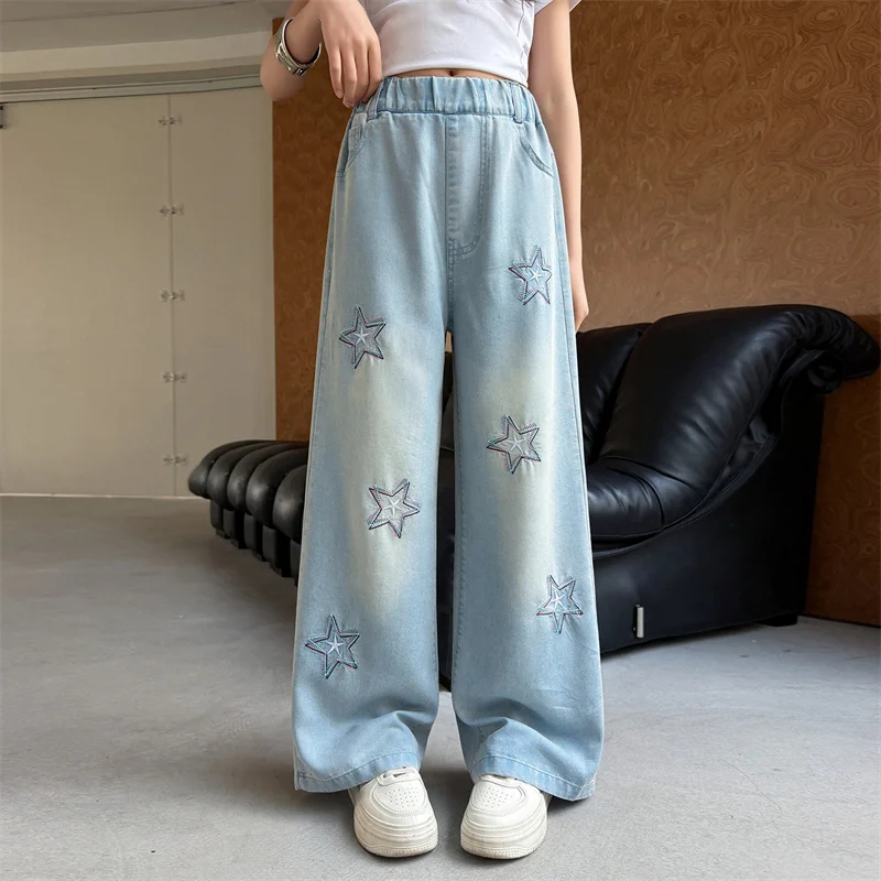 Teenage Girls Jeans With Embroidery Star Summer Casual Fashion Kids Wide Leg Jeans Pants Thin Light School Child Denim Trousers