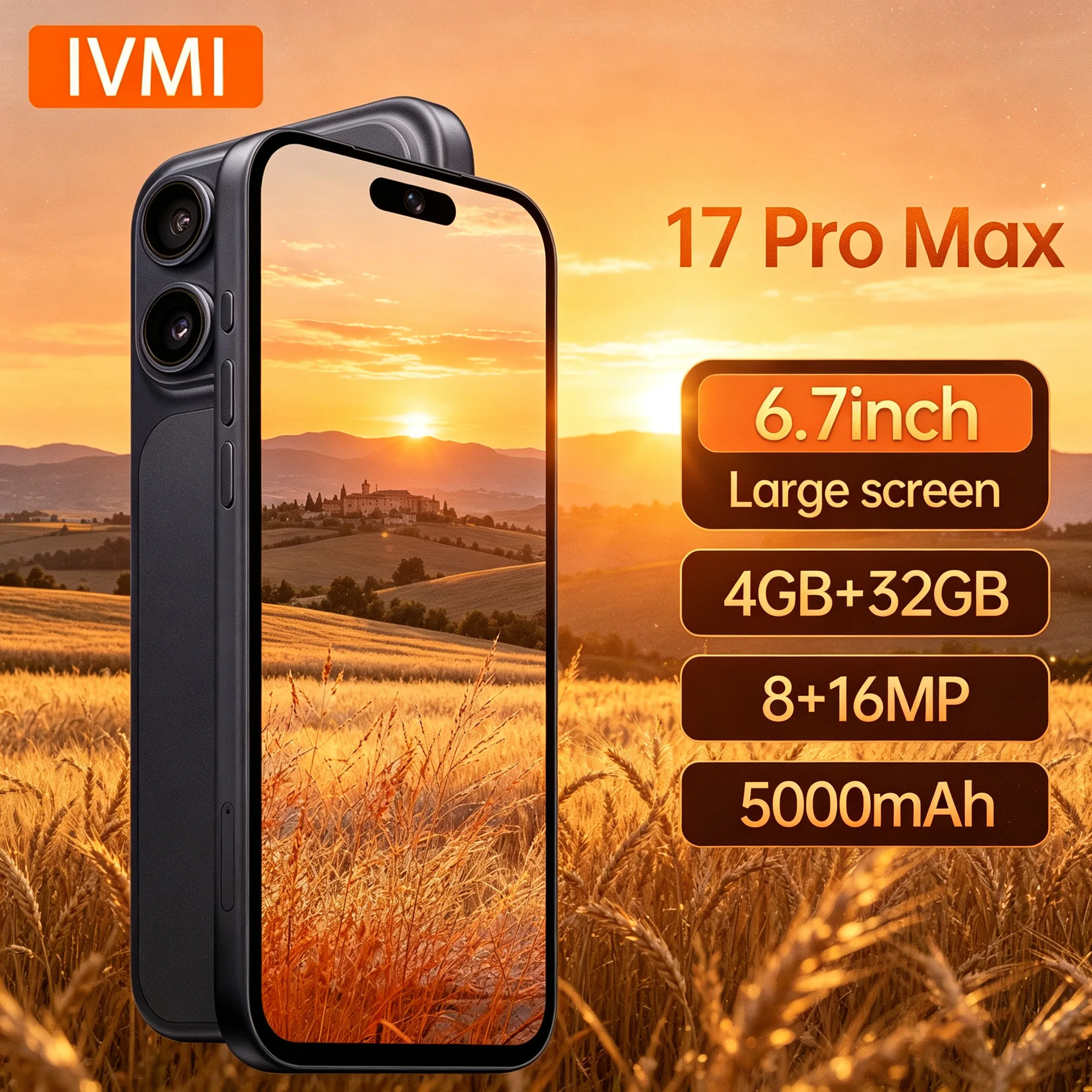 IVMI Global Vision 17Pro Max Smartphone Android 4GB RAM 32GB ROM 8+16MP Face ID 4G Network Google Play Store Mobile Phones