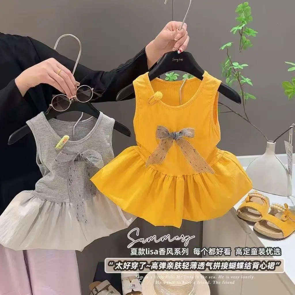 2026 New Ballet Style Girls Ice Feel Ribbed Tank Tutu Dress Lyocell Grey Sweet Princess Fluffy Sleeveless Skirt For Little Kids