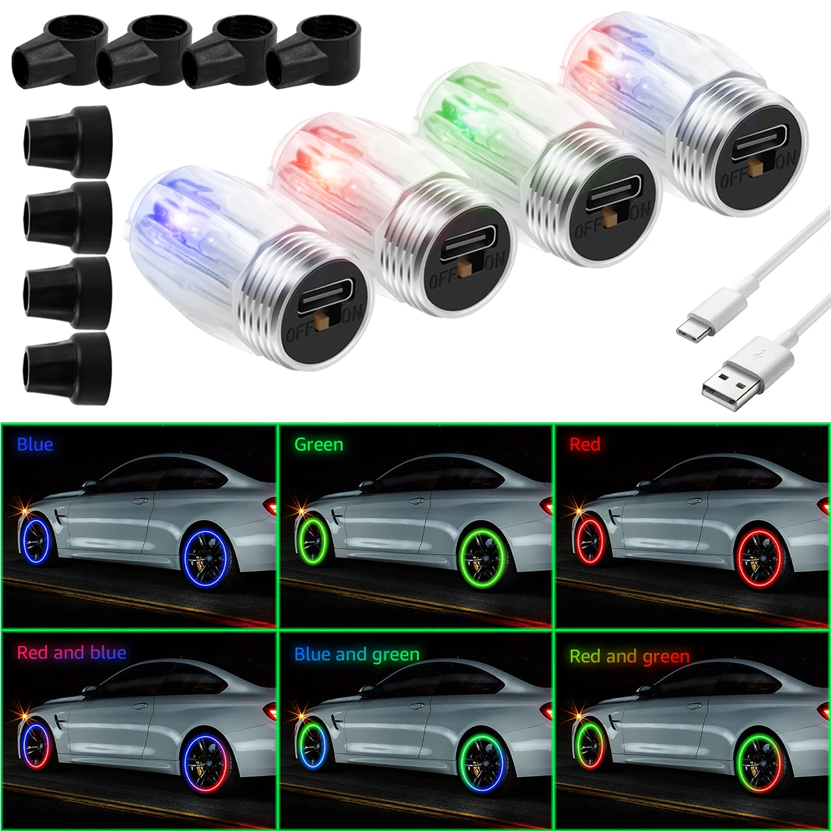 4Pcs Luminous Tire Valve Caps Hub LED Decor Lights 6 Lighting Modes Glowing Caps Waterproof with Motion Sensors Smart on and off