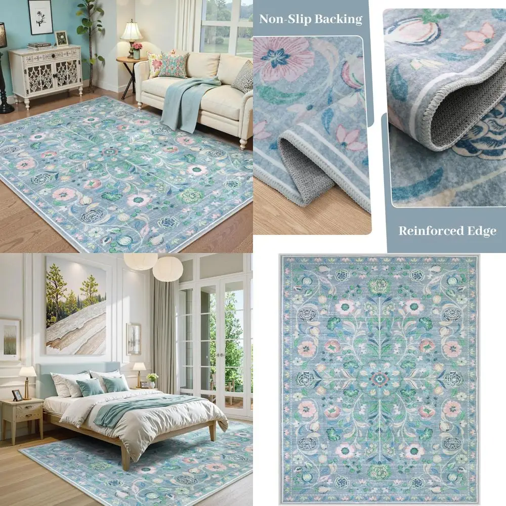 Tapis floraux bleus 8x10 pour espaces de vie, tapis lavables de style bohème pour chambres à coucher, revêtements de sol doux pour pépinière, antidérapants