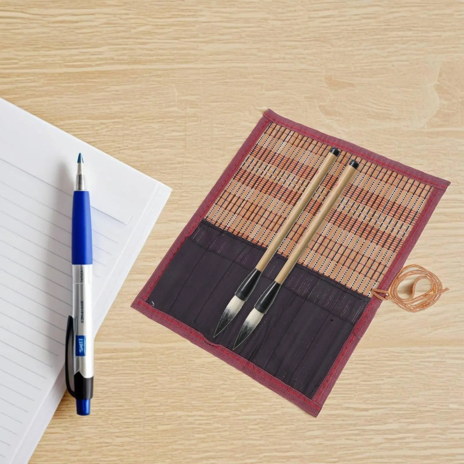 Bamboo Calligraphy Brush Holder Roll Up Pouch for Artists Students Travel Storage Case with Tie Cord