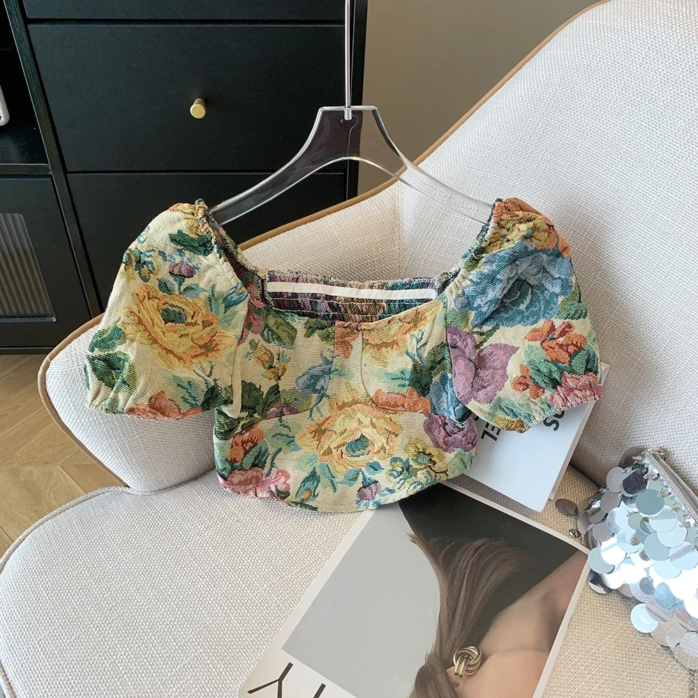 

Crop Top Women Puff Sleeve Smocked Back Corset Top Blouse Teen-girl Vintage Coquette Aesthetic Outfit