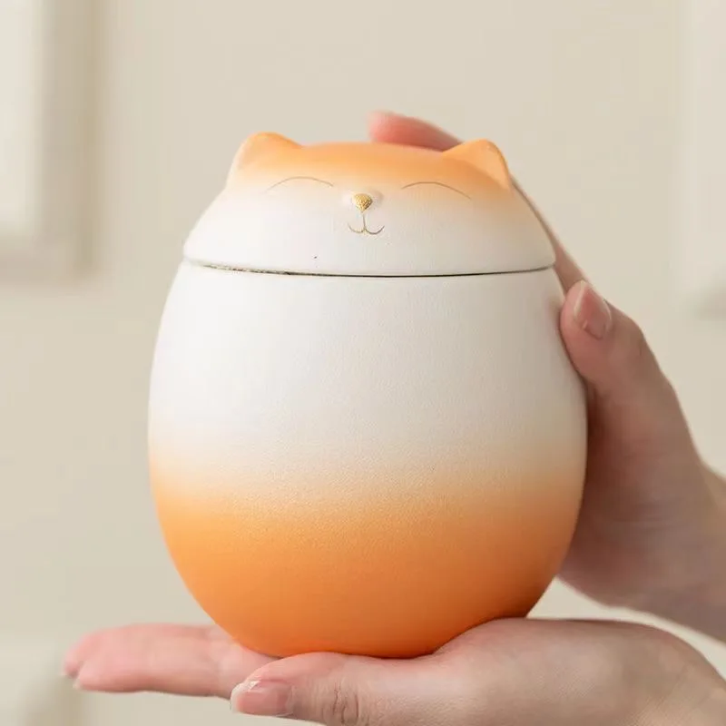 Fortune Cat Tea Canister Handmade Ceramic Gradient Color Tea Canister Sealing Jar Home Moisture Small Tea Warehouse