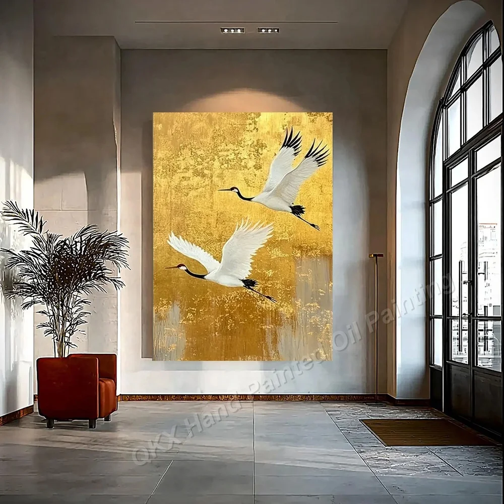 Hand-Painted Oil Painting on Canvas - Luxury Gold Foil Chinese Style Red-Crowned Crane Wall Art Decor for Living Room Vertical F