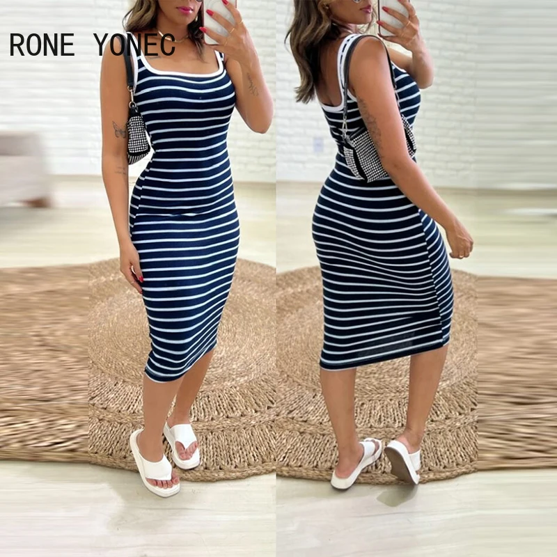 2024 Women Casual Tank Striped Pattern Sleeveless Midi Skinny Sexy Dress