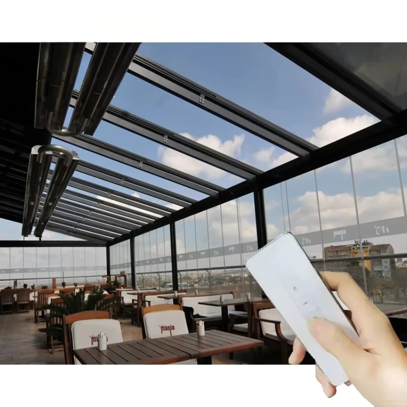 Hospital Restaurant Hotel Roortop Terrace Aluminium Profile Sunroof Motorized Retractable Tempered Glass Roof Skylight