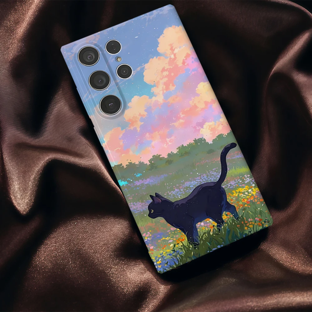 القط الأزهار الغروب قضية الهاتف لسامسونج غالاكسي S25 S24 S23 الترا زائد A35 A89 لامعة HD الغلاف الصلب فيلم قذيفة