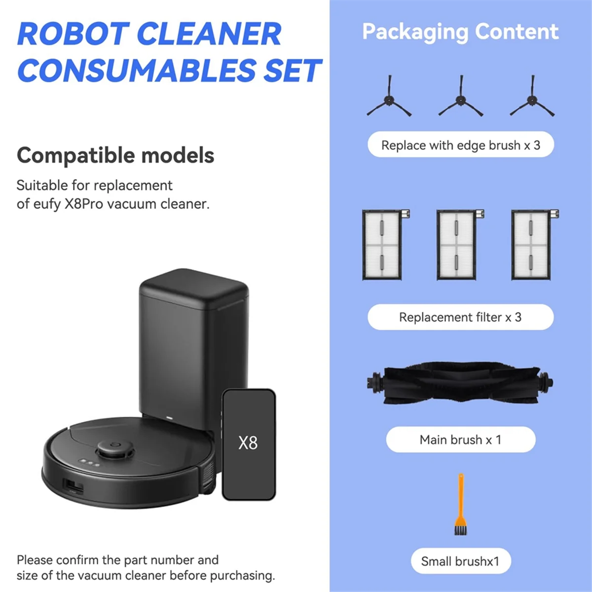 X8 로봇 진공 청소기 교체 부품용 A20M - X8 Pro 액세서리 키트, 메인 브러시, 필터, 사이드 브러시